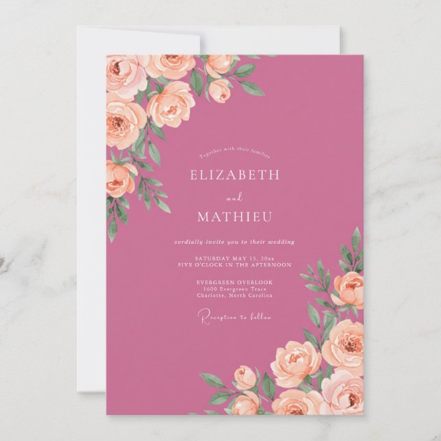Invitation Mariage Peint au Corail Magenta (Devant)
