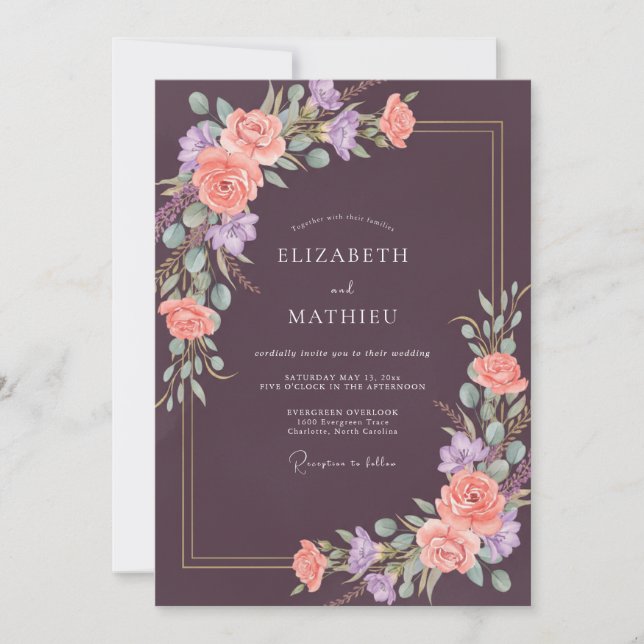 Invitation Mariage peint au corail prune (Devant)