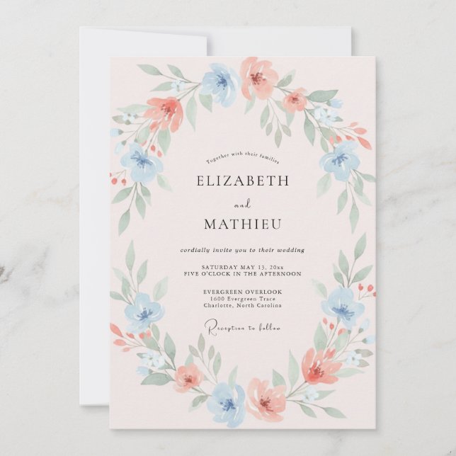 Invitation Mariage peint au corail rose azur (Devant)