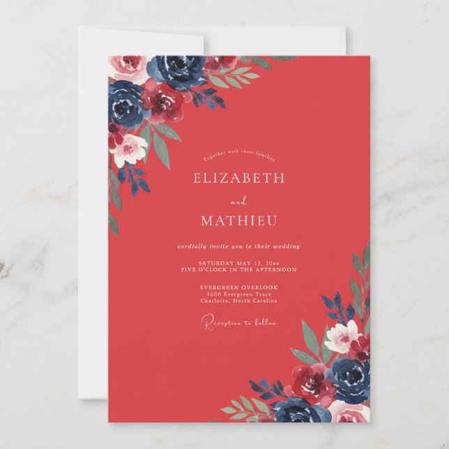 Invitation Mariage peint au corail rose indigo (Devant)