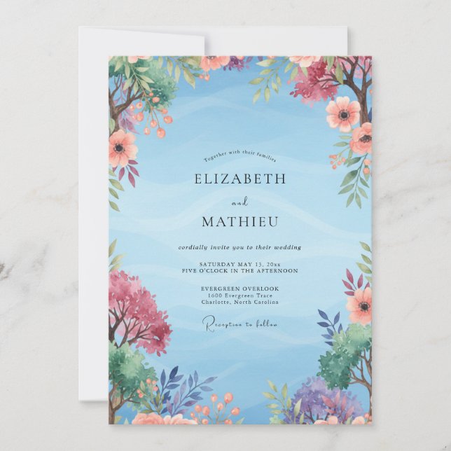 Invitation Mariage peint au corail violet atténué (Devant)