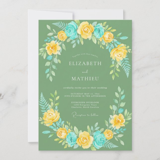 Invitation Mariage Peint au Cyan Moutarde (Devant)
