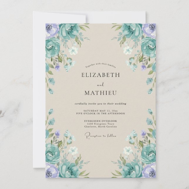 Invitation Mariage Peint au Lilas Cyan (Devant)