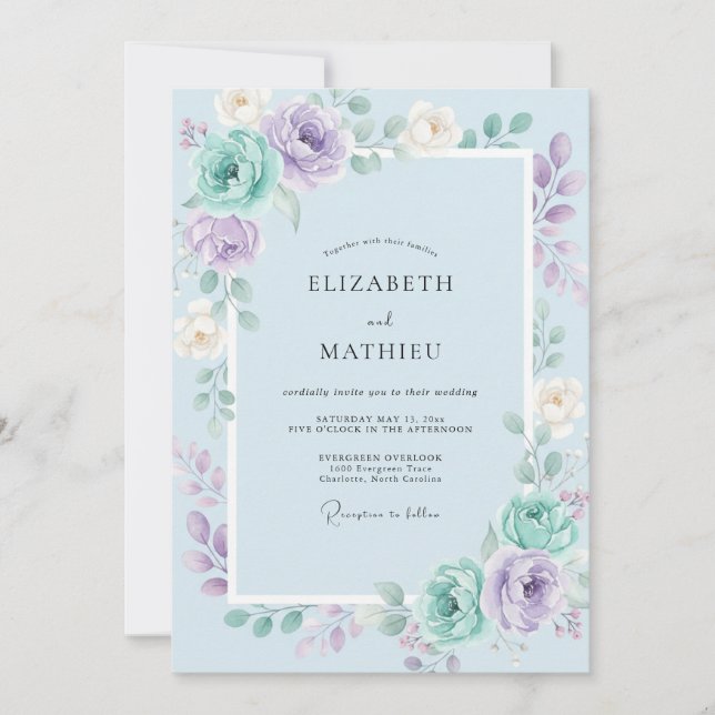 Invitation Mariage peint au lilas Pervenche doré (Devant)