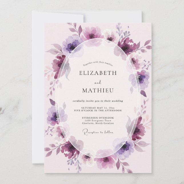 Invitation Mariage Peint au Lilas Prune (Devant)