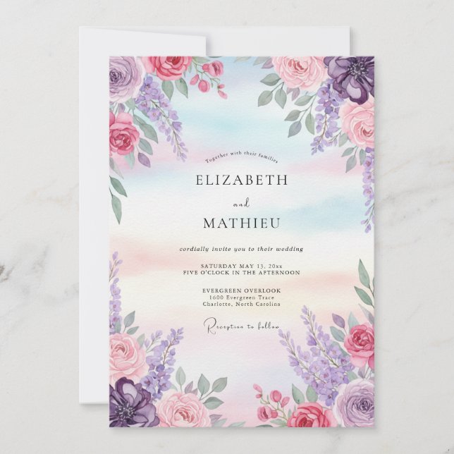 Invitation Mariage Peint au Lilas Rose (Devant)