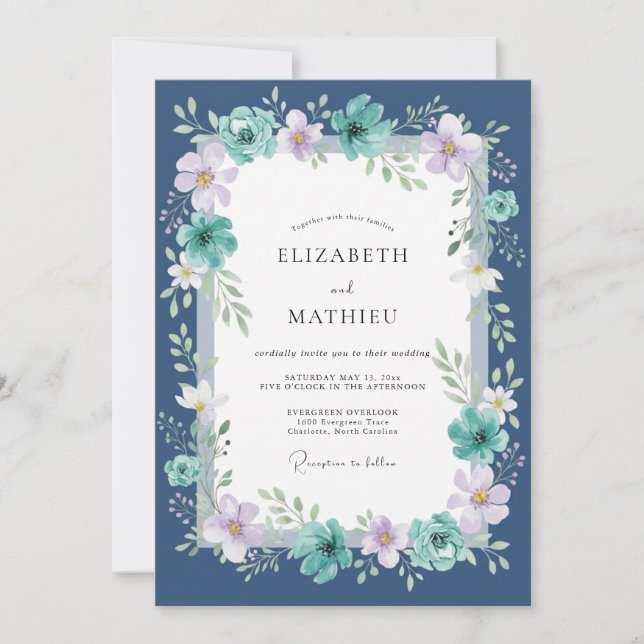 Invitation Mariage peint au lilas sarcelle de minuit (Devant)