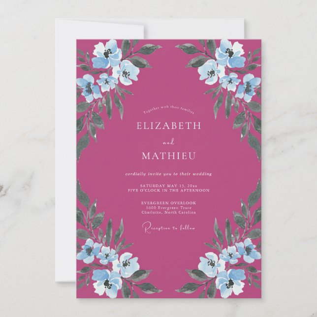 Invitation Mariage peint au magenta et au pervenche (Devant)