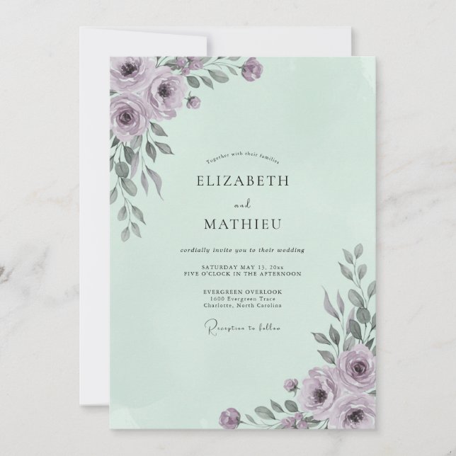 Invitation Mariage Peint au Mauve Pâle et Menthe (Devant)