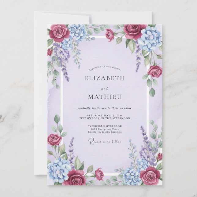 Invitation Mariage Peint au Merlot Lilas (Devant)