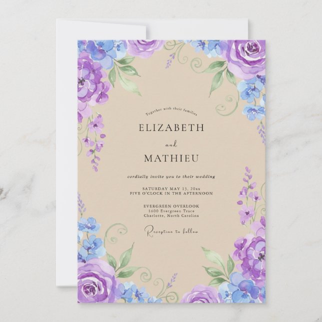 Invitation Mariage Peint au Pourpre et Pervenche (Devant)