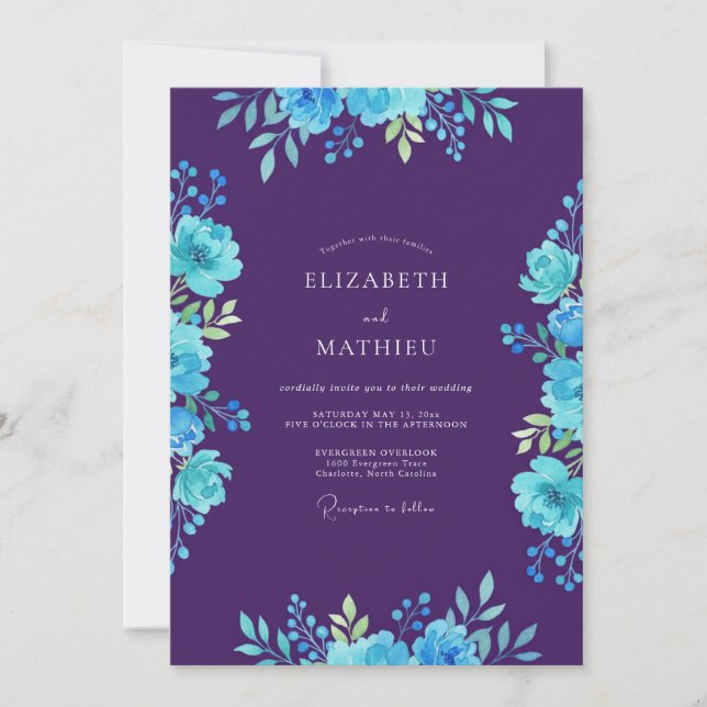 Invitation Mariage peint au prune cyan romantique (Devant)