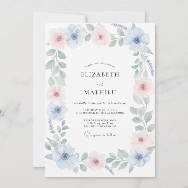 Invitation Mariage peint au rose pâle du bleuet (Devant)