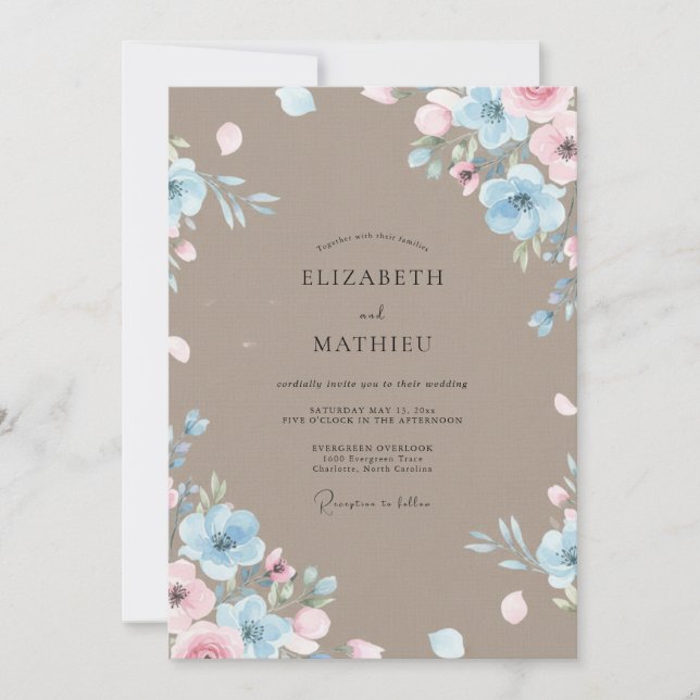 Invitation Mariage peint au style Moka Pervenche (Devant)