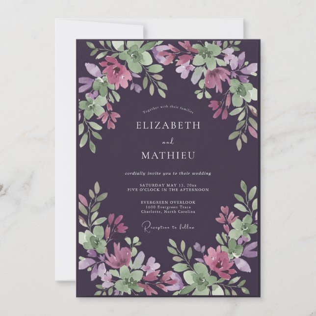Invitation Mariage peint aubergine lavande (Devant)
