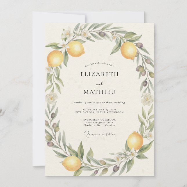 Invitation Mariage Peint aux Olives et Citrons (Devant)