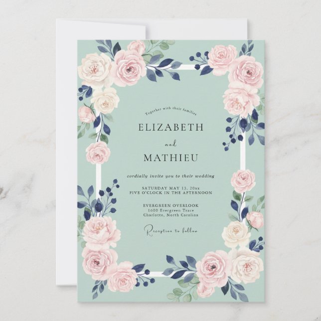 Invitation Mariage peint aux pêches et indigo (Devant)