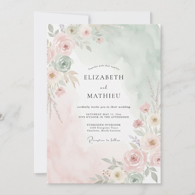 Invitation Mariage peint aux tons de menthe et de pêche (Devant)