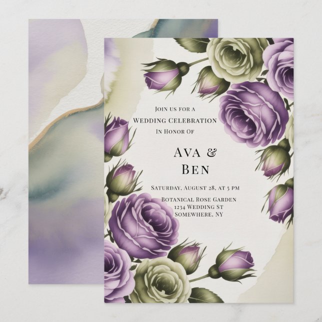Invitation Mariage Peint avec des Roses Violettes et Vert Sau (Devant / Derrière)