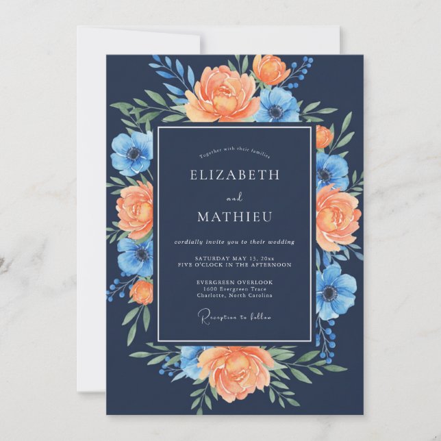 Invitation Mariage peint avec du corail et du bleu marine dou (Devant)