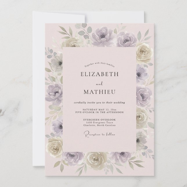 Invitation Mariage peint avec une touche de mauve (Devant)
