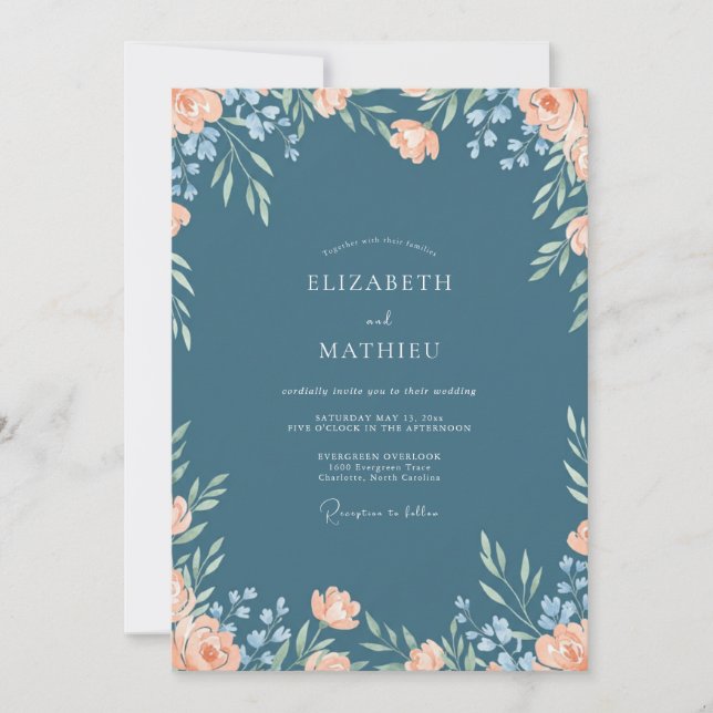 Invitation Mariage peint bleu acier et pêche (Devant)