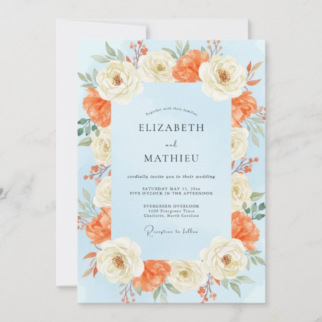 Invitation Mariage peint bleu barbeau et abricot (Devant)