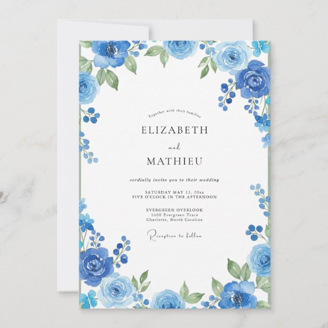 Invitation Mariage peint cobalt azur (Devant)
