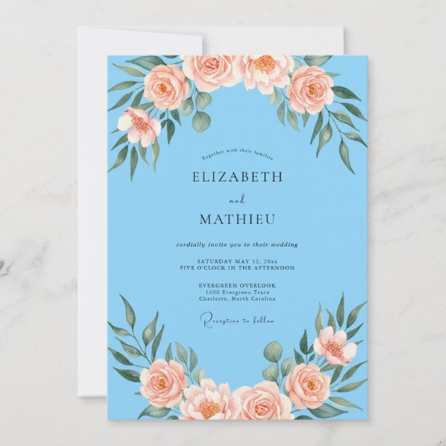 Invitation Mariage peint corail chaud ciel (Devant)