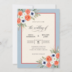 Invitation Mariage peint corail et marine