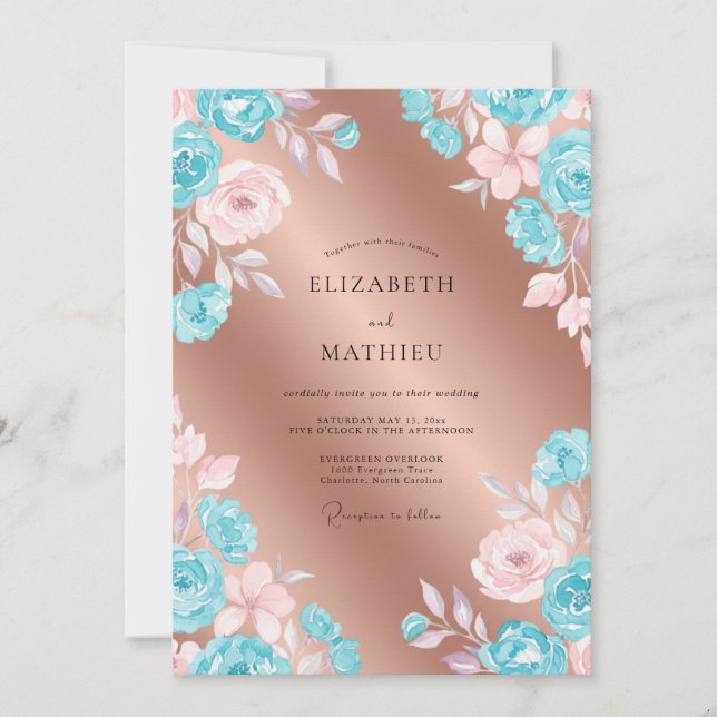 Invitation Mariage Peint Cuivre Aqua (Devant)