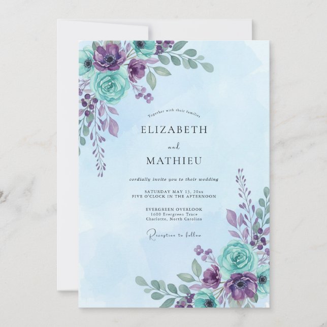 Invitation Mariage peint d'améthyste cyan (Devant)