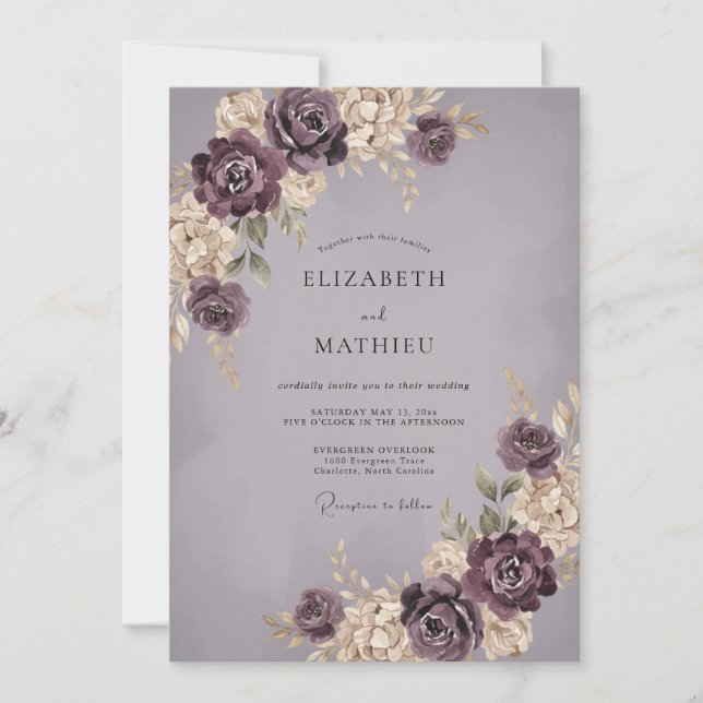 Invitation Mariage peint dans des tons de mauve poussiéreux (Devant)