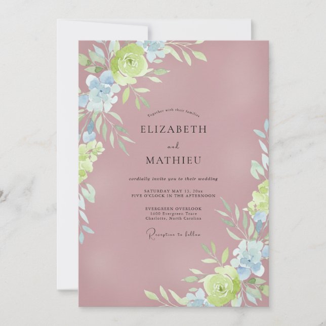 Invitation Mariage peint dans les tons Chartreuse Mauve (Devant)