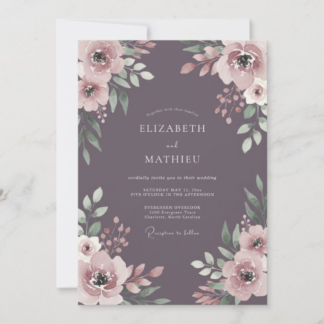 Invitation Mariage peint dans un prune poussiéreux (Devant)
