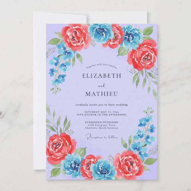 Invitation Mariage peint de corail azur (Devant)