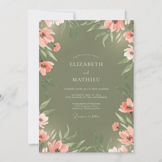 Invitation Mariage peint de corail d'olive (Devant)