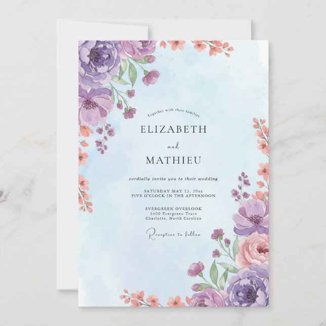 Invitation Mariage peint de corail mat améthyste (Devant)