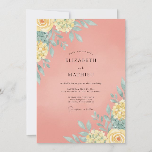 Invitation Mariage peint de fleurs sauvages corail (Devant)