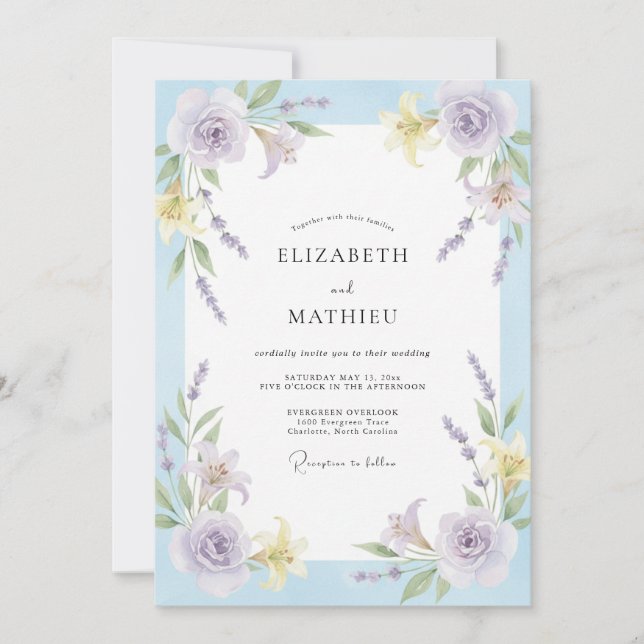 Invitation Mariage Peint de Lavande et de Pervenche (Devant)