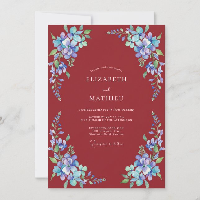Invitation Mariage Peint de Mariage Pourpre et Pervenche (Devant)