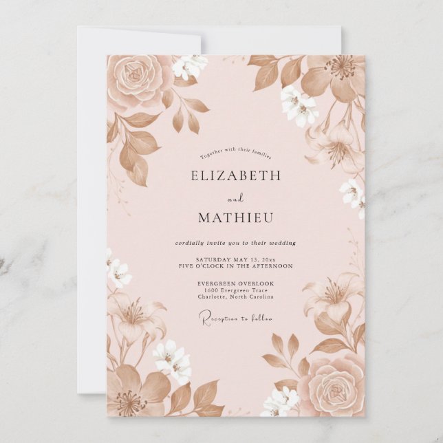 Invitation Mariage peint de pivoine de Champagne (Devant)