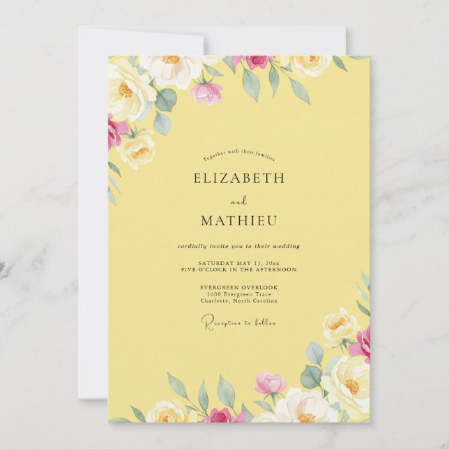 Invitation Mariage peint de pivoine jaune tropicale (Devant)