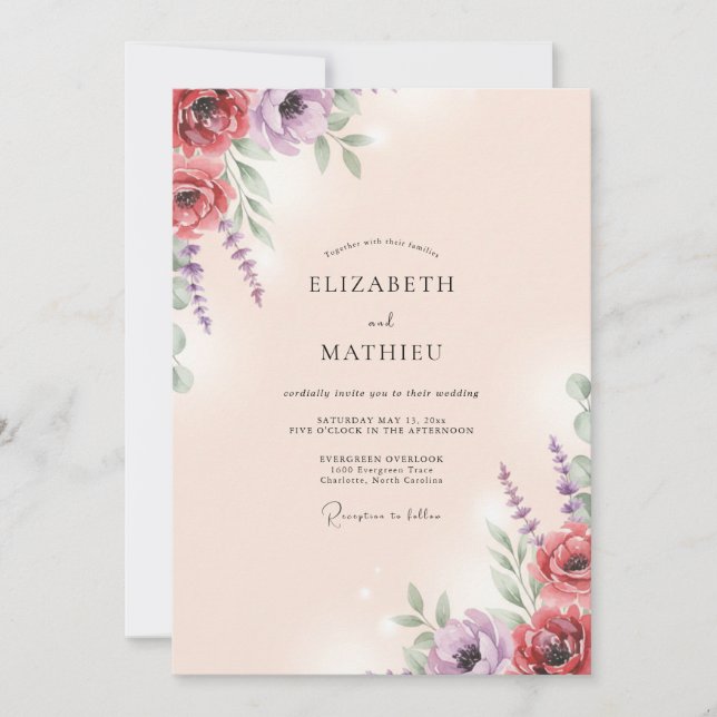 Invitation Mariage peint de prune bordeaux profond (Devant)