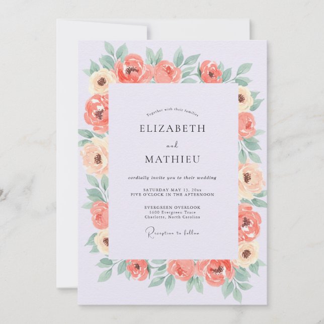 Invitation Mariage peint de renoncules au corail doux (Devant)