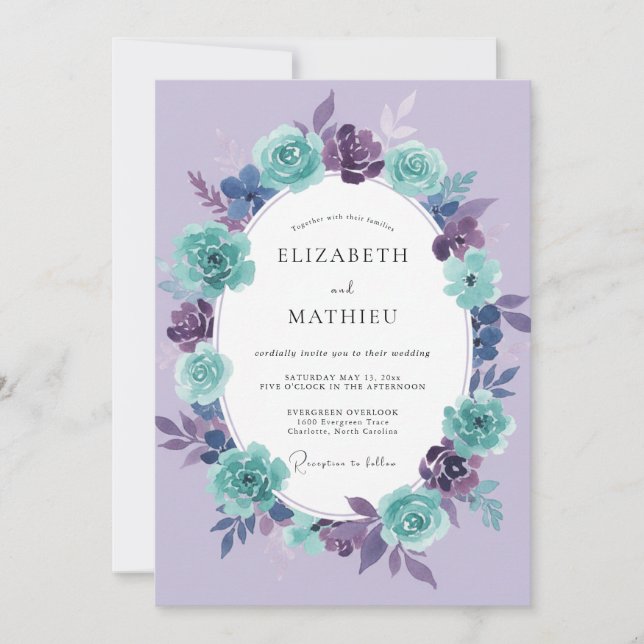 Invitation Mariage Peint de Violet Turquoise (Devant)