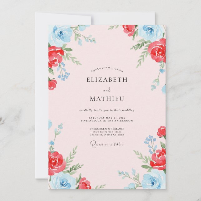 Invitation Mariage peint écarlate et céleste (Devant)