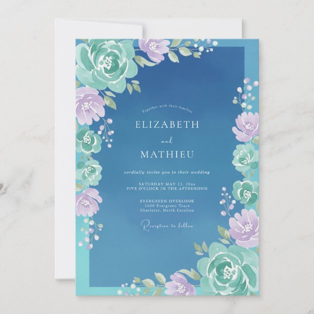 Invitation Mariage Peint en Aqua Ardoise (Devant)