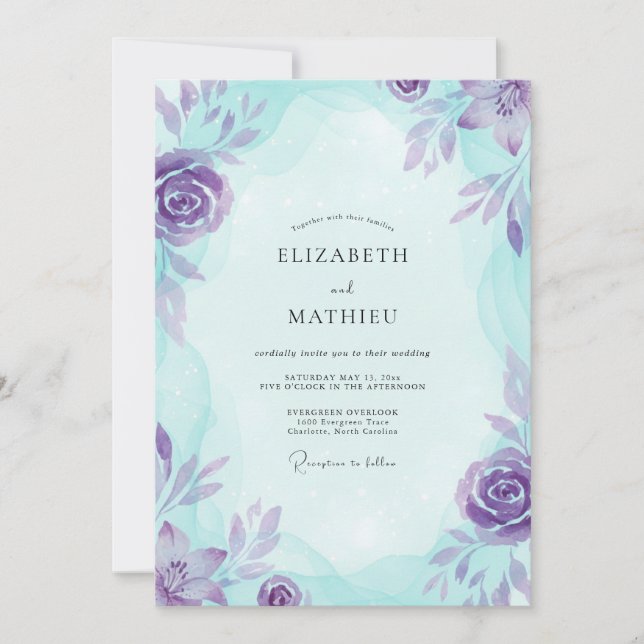 Invitation Mariage Peint en Aqua Violet (Devant)