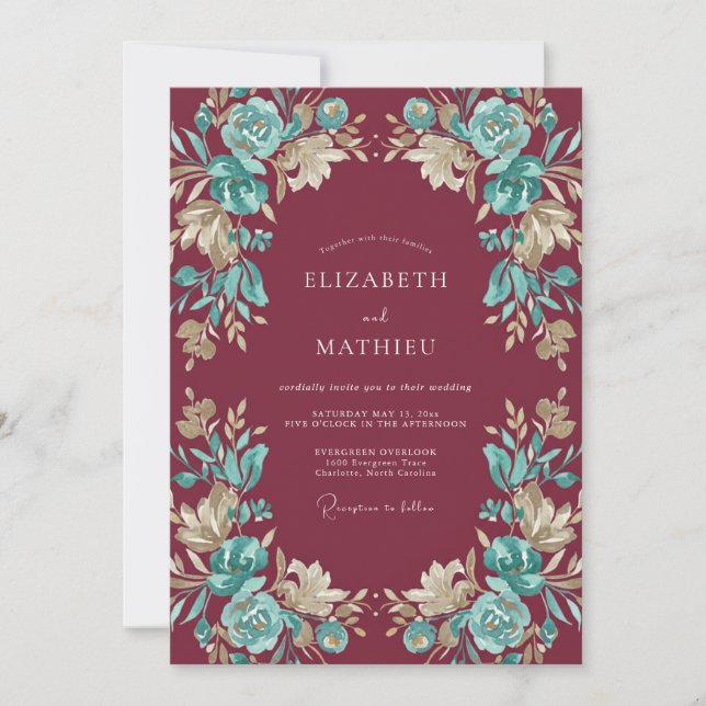 Invitation Mariage peint en aquarelle bordeaux (Devant)